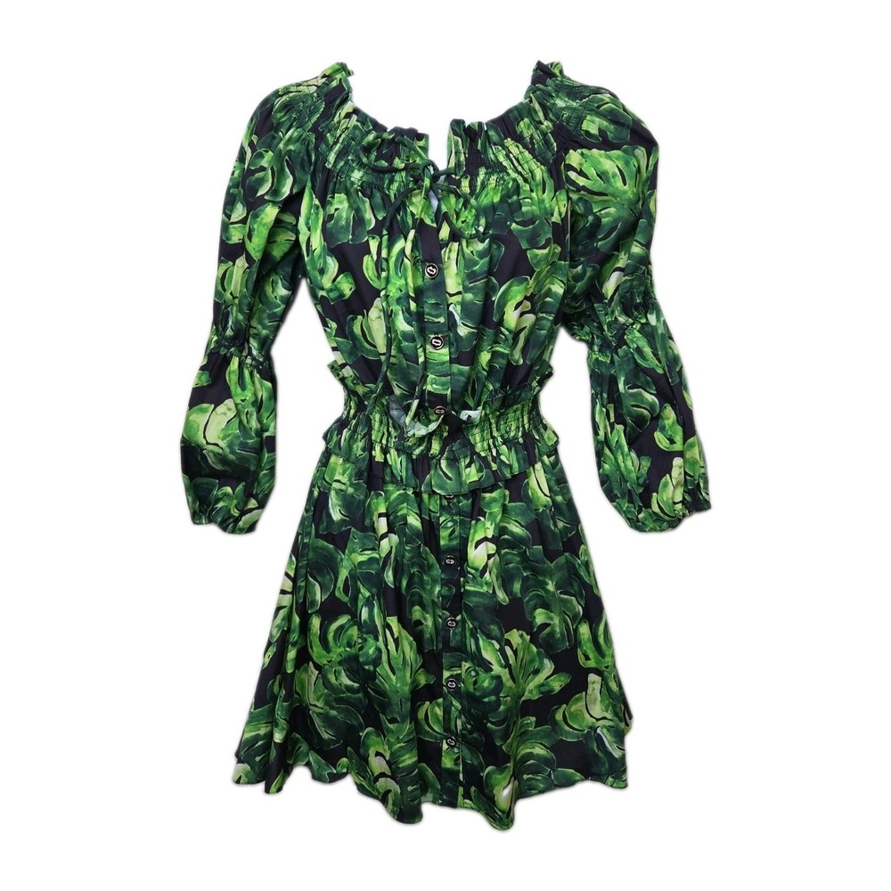 Caroline Constas Monstera Leaf Print Dress Off Shoulder Balloon Sleeve Ruffled S
